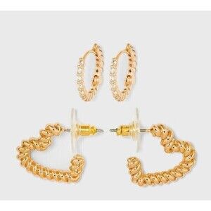 SUGARFIX by BaubleBar Crystal and Gold Beaded Heart Hoop Earring 2-pc. Set NWT